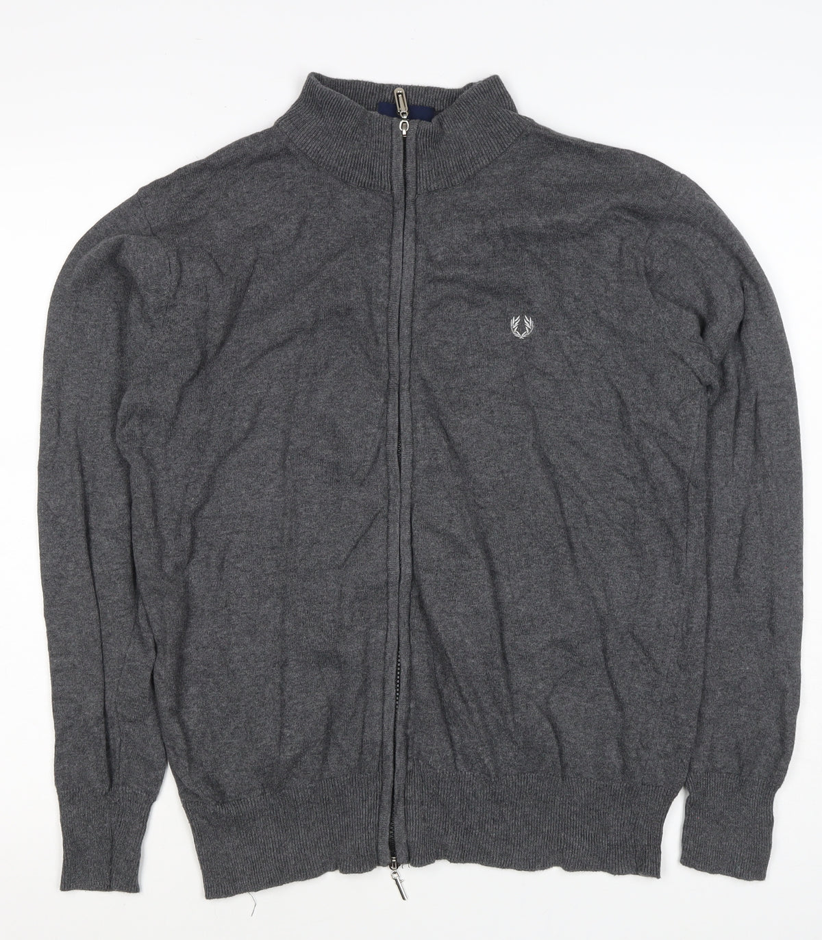 Fred Perry Men's Grey M Full Zip Mock Neck Logo Knit Sweatshirt