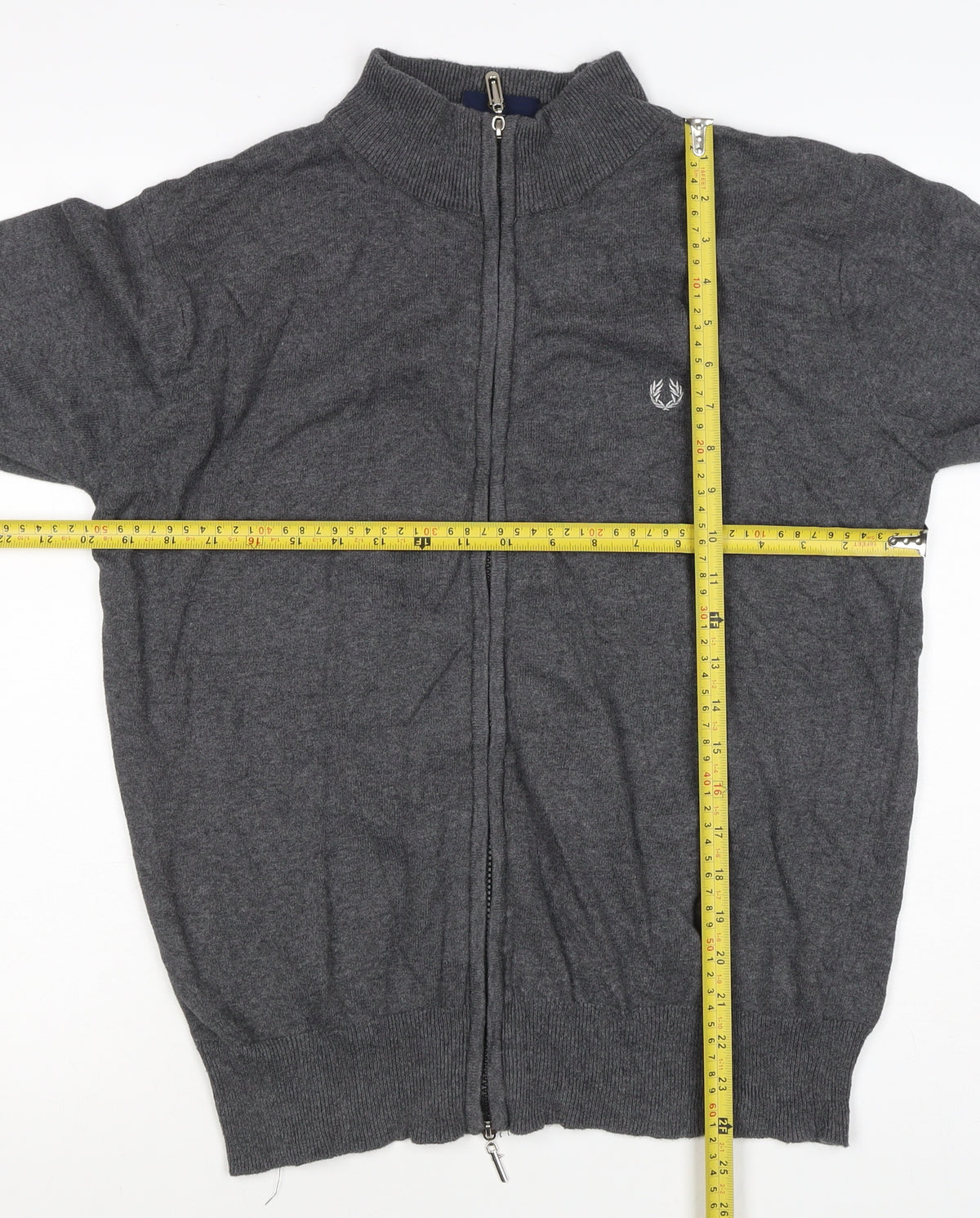 Fred Perry Men's Grey M Full Zip Mock Neck Logo Knit Sweatshirt