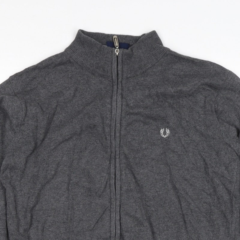 Fred Perry Men's Grey M Full Zip Mock Neck Logo Knit Sweatshirt
