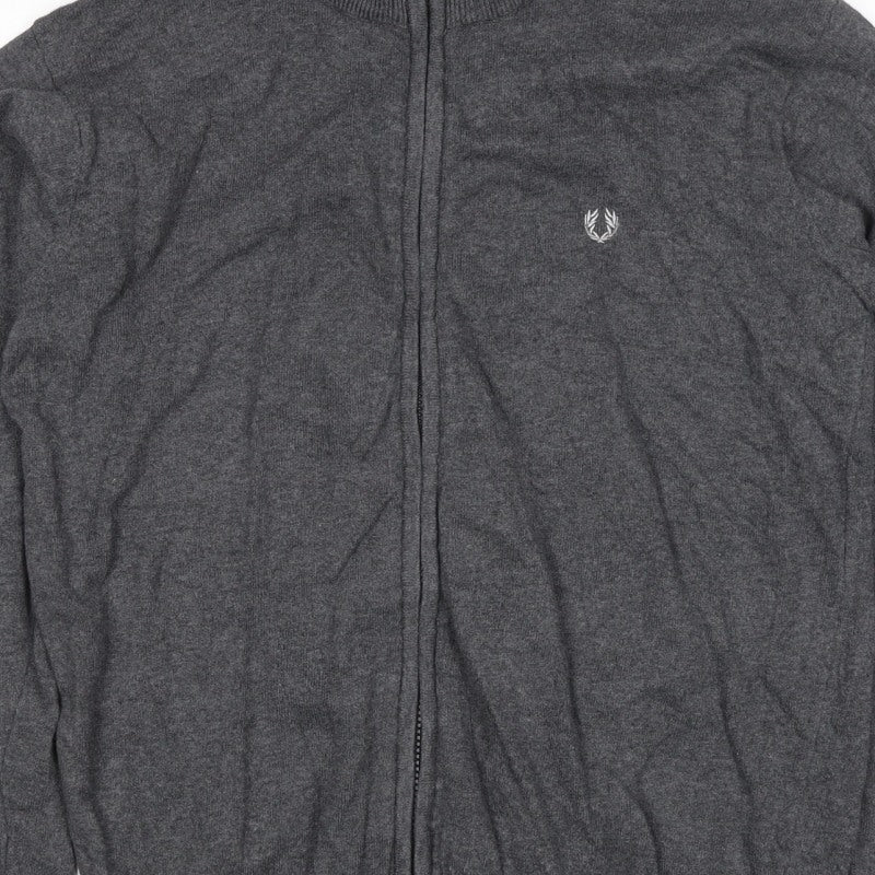 Fred Perry Men's Grey M Full Zip Mock Neck Logo Knit Sweatshirt