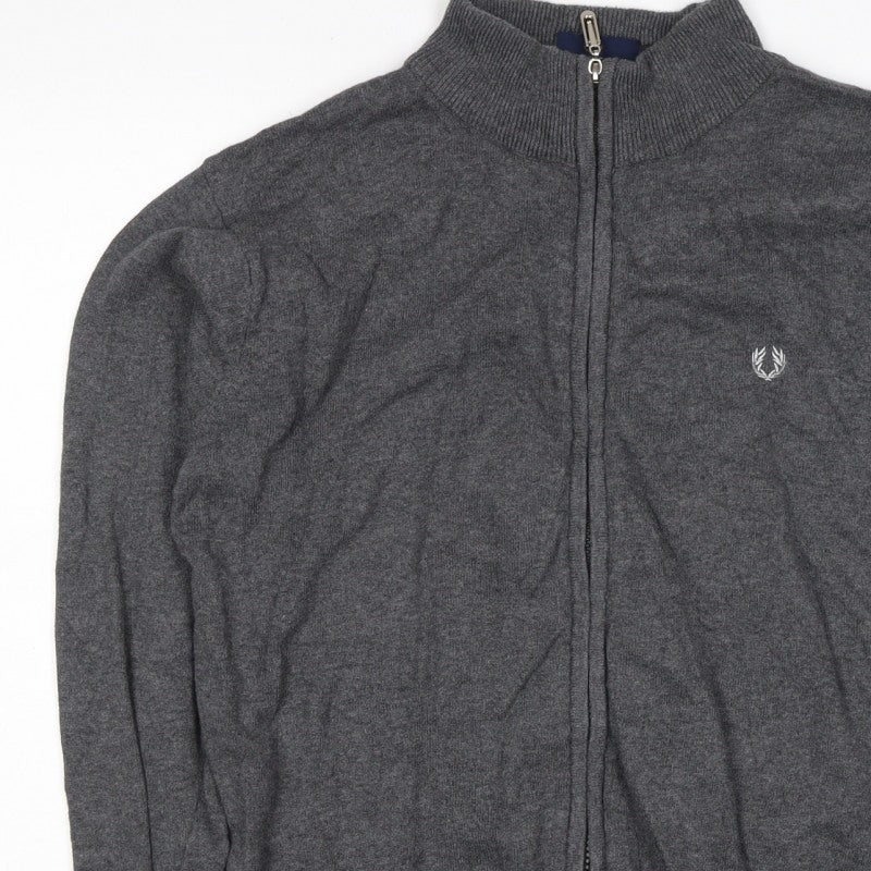Fred Perry Men's Grey M Full Zip Mock Neck Logo Knit Sweatshirt