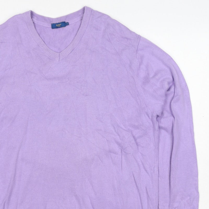 Cotton Traders Women Purple L V-Neck Cotton Knit Pullover Jumper