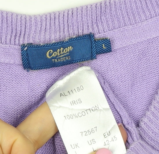 Cotton Traders Women Purple L V-Neck Cotton Knit Pullover Jumper