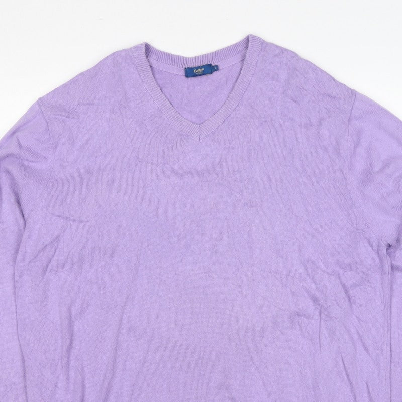 Cotton Traders Women Purple L V-Neck Cotton Knit Pullover Jumper