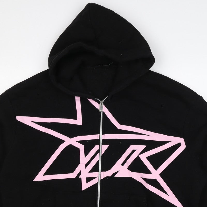 boohooMAN Men’s Black Pink Graphic Full Zip Hoodie M