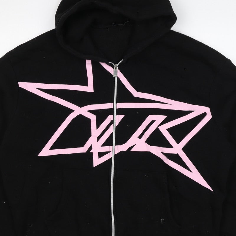 boohooMAN Men’s Black Pink Graphic Full Zip Hoodie M
