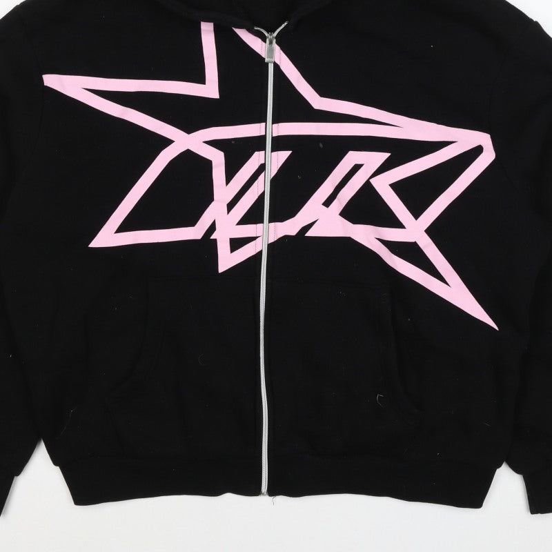 boohooMAN Men’s Black Pink Graphic Full Zip Hoodie M