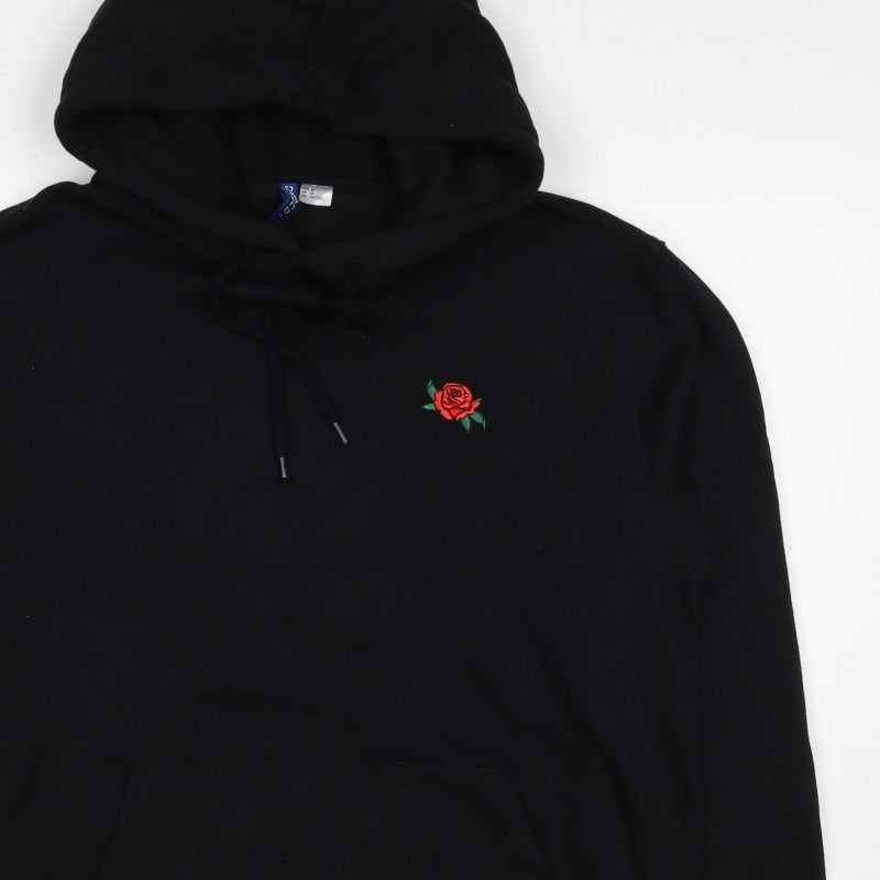 Divided Mens Black M Pullover Hoodie Embroidered Rose Pockets