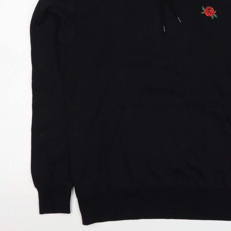 Divided Mens Black M Pullover Hoodie Embroidered Rose Pockets
