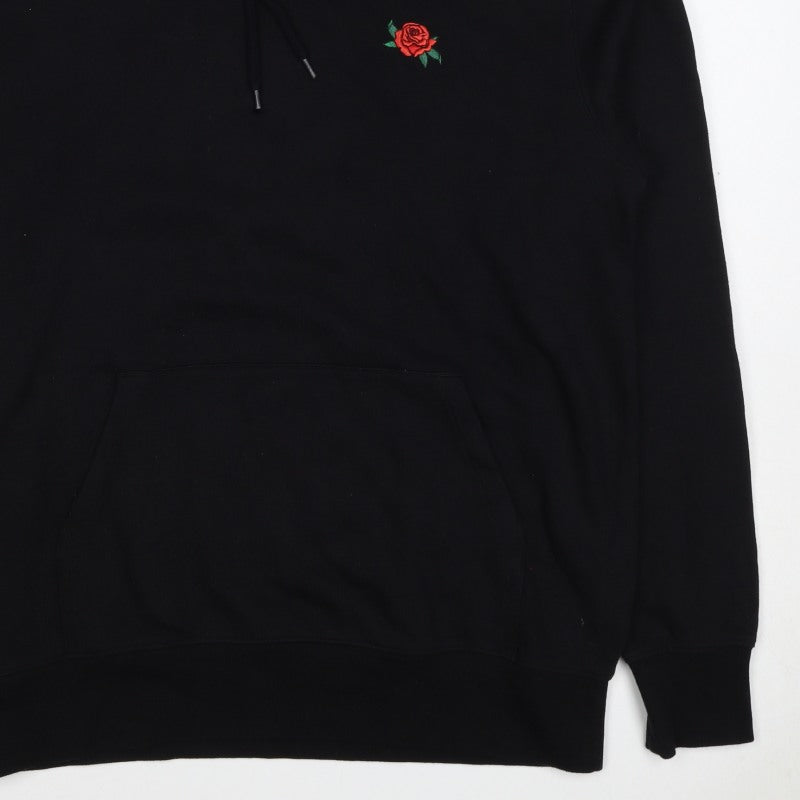 Divided Mens Black M Pullover Hoodie Embroidered Rose Pockets