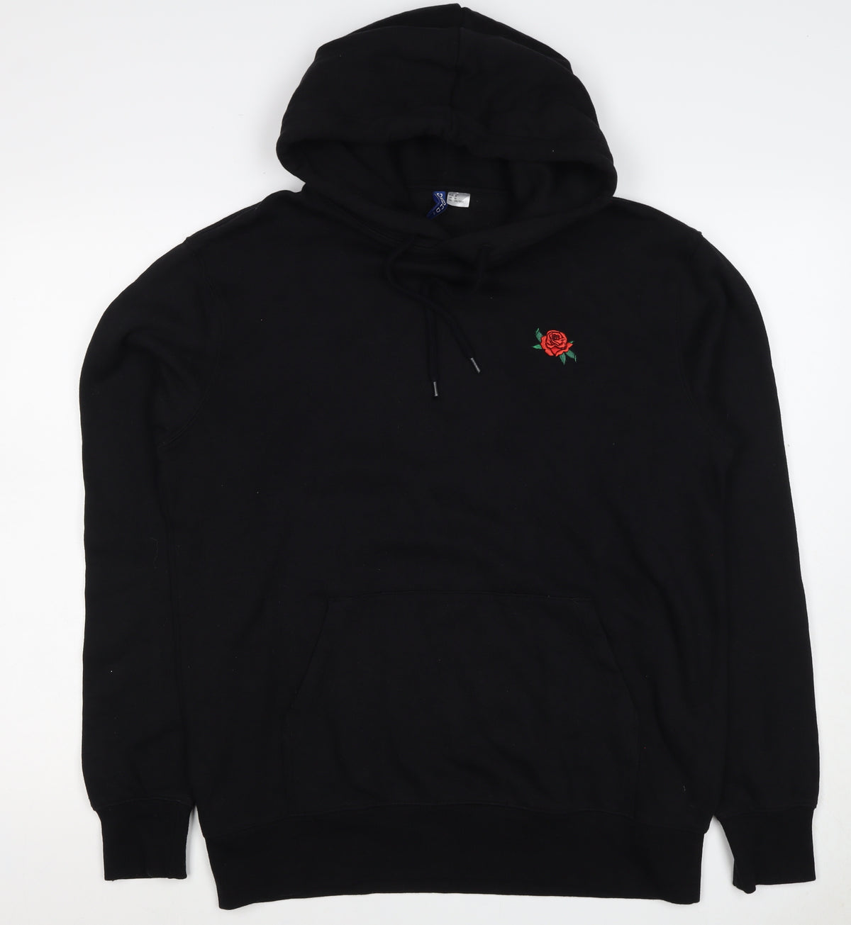 Divided Mens Black M Pullover Hoodie Embroidered Rose Pockets