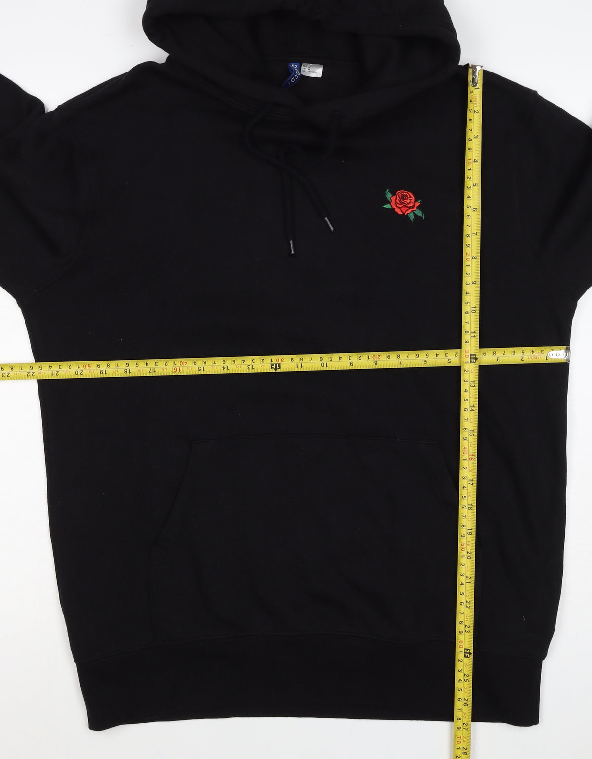 Divided Mens Black M Pullover Hoodie Embroidered Rose Pockets