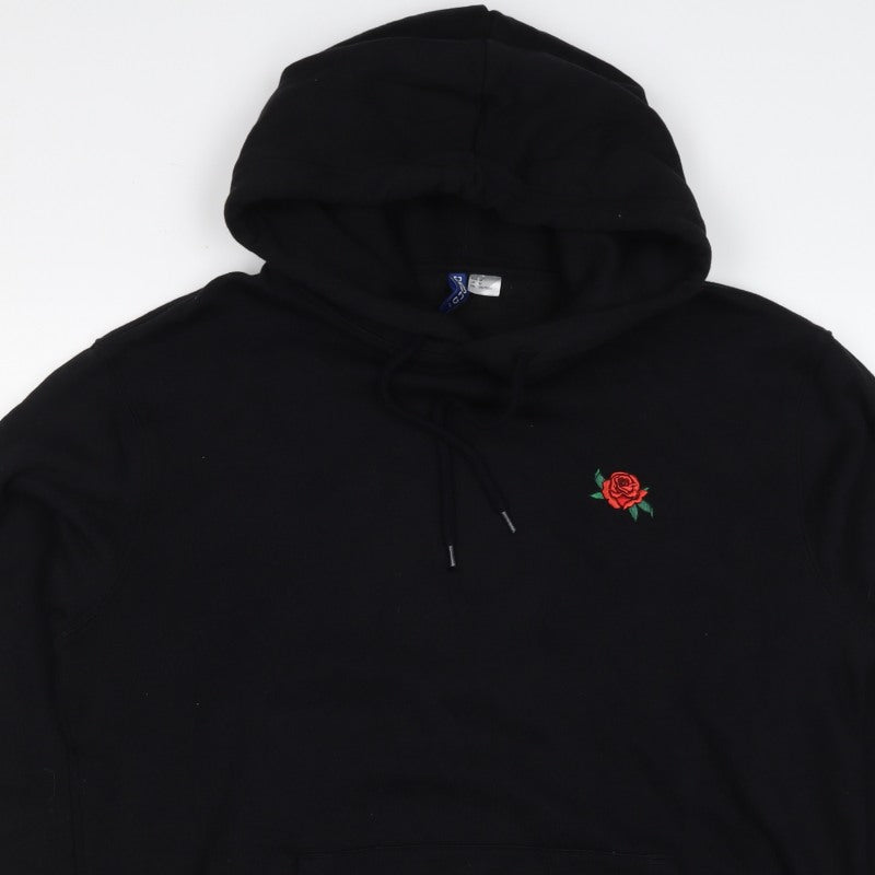 Divided Mens Black M Pullover Hoodie Embroidered Rose Pockets