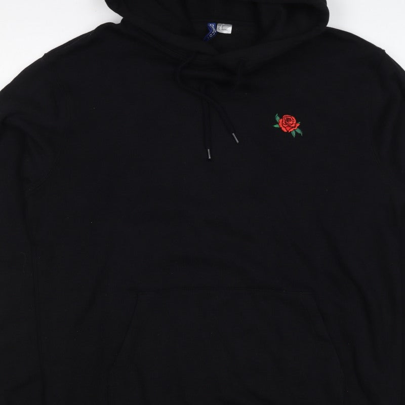 Divided Mens Black M Pullover Hoodie Embroidered Rose Pockets