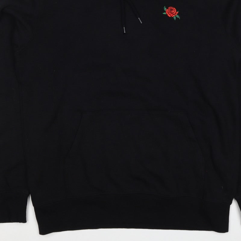 Divided Mens Black M Pullover Hoodie Embroidered Rose Pockets