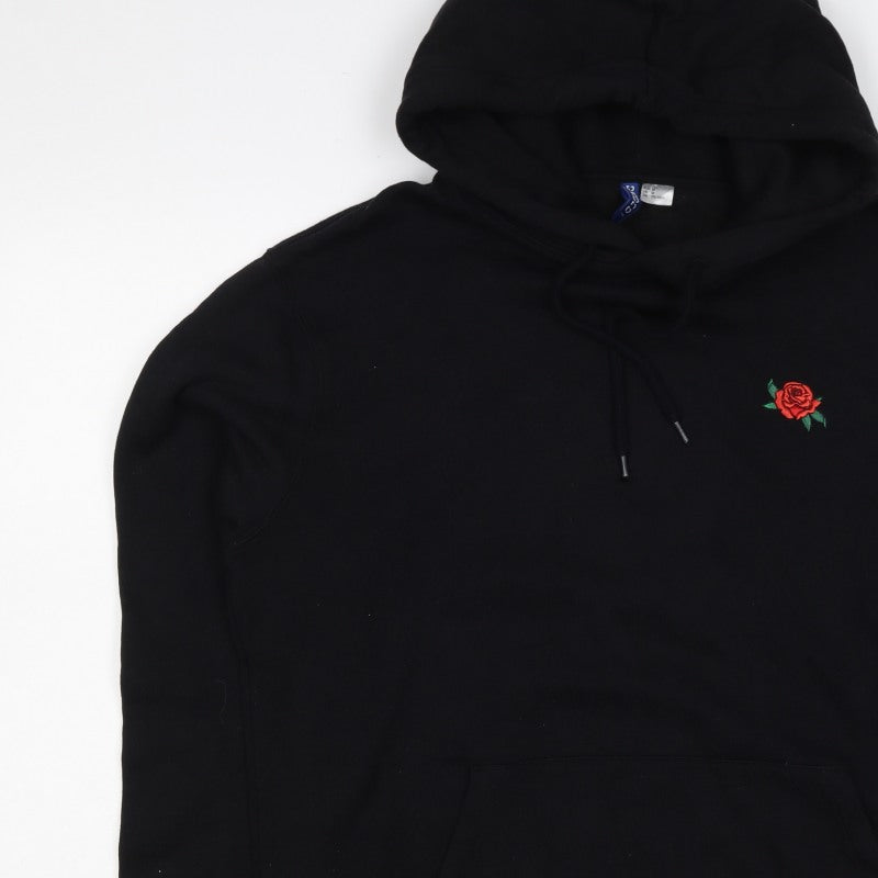 Divided Mens Black M Pullover Hoodie Embroidered Rose Pockets