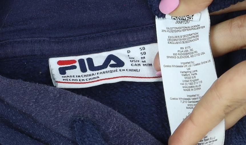Fila Men’s Navy M Pullover Hoodie Logo Pocket Cotton Blend