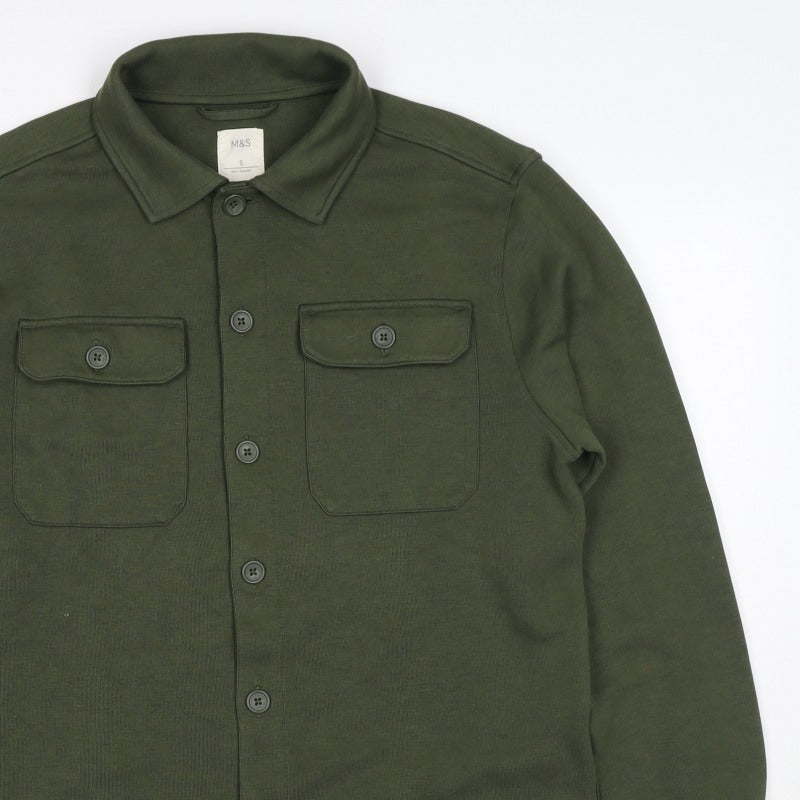 Marks and Spencer Men Green S Button Collared Cotton Blend Cardigan