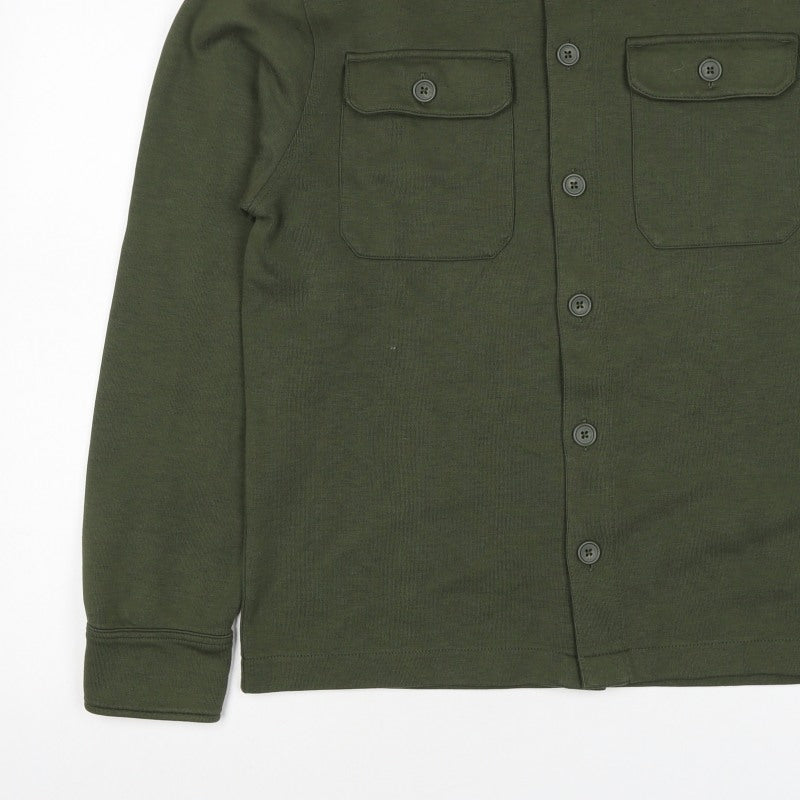 Marks and Spencer Men Green S Button Collared Cotton Blend Cardigan
