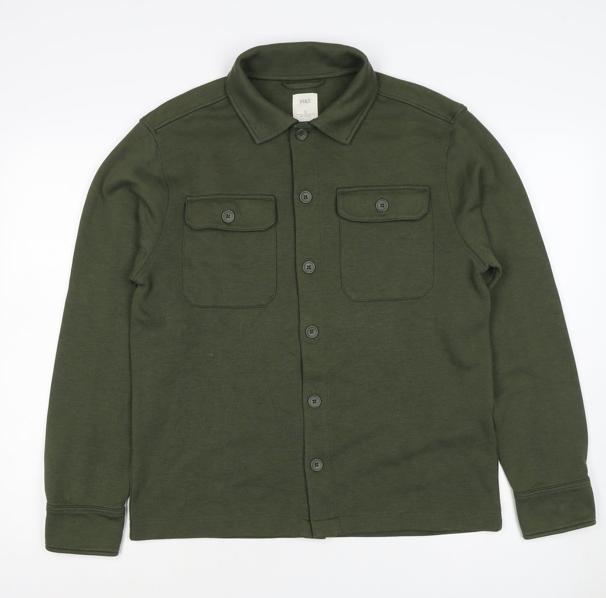 Marks and Spencer Men Green S Button Collared Cotton Blend Cardigan