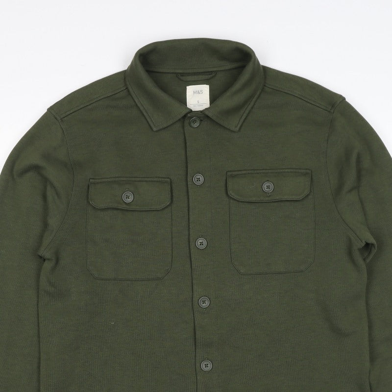 Marks and Spencer Men Green S Button Collared Cotton Blend Cardigan