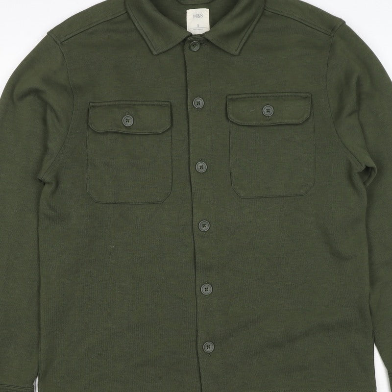Marks and Spencer Men Green S Button Collared Cotton Blend Cardigan