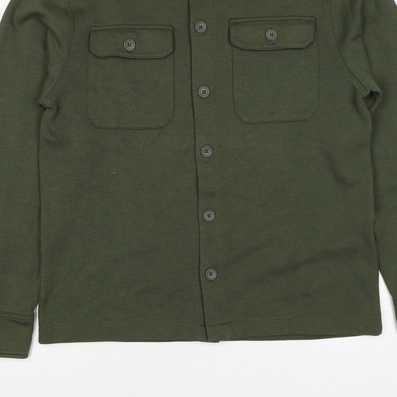 Marks and Spencer Men Green S Button Collared Cotton Blend Cardigan