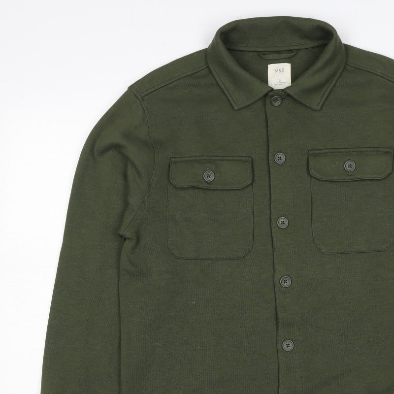 Marks and Spencer Men Green S Button Collared Cotton Blend Cardigan