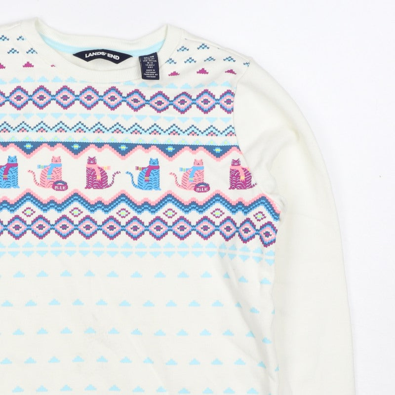 Lands' End Girls Ivory Cat Fair Isle Sweatshirt 10-11 Years Pullover