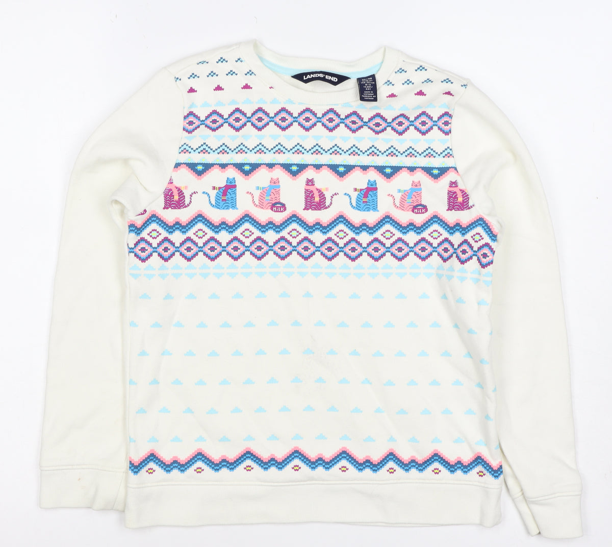 Lands' End Girls Ivory Cat Fair Isle Sweatshirt 10-11 Years Pullover