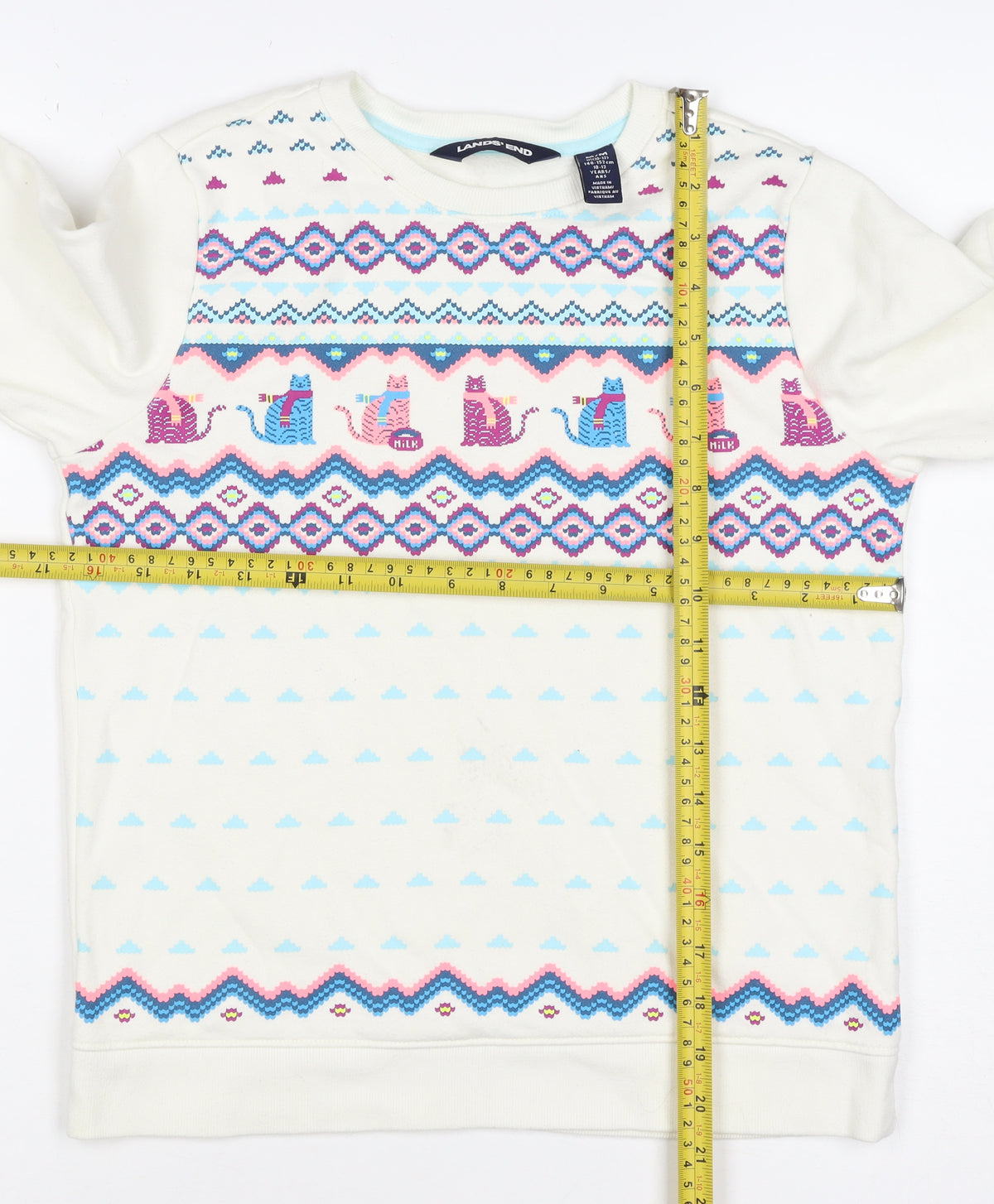 Lands' End Girls Ivory Cat Fair Isle Sweatshirt 10-11 Years Pullover
