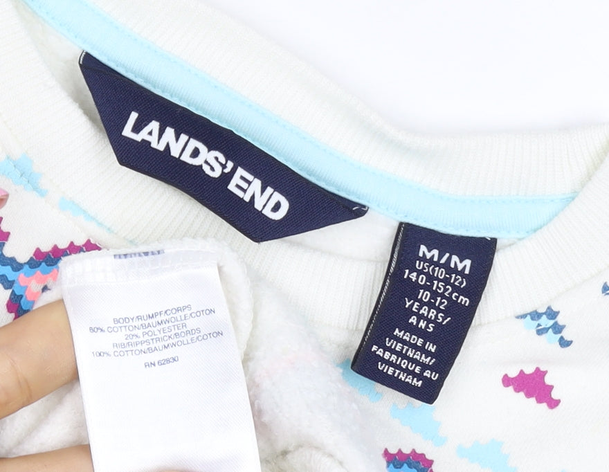 Lands' End Girls Ivory Cat Fair Isle Sweatshirt 10-11 Years Pullover