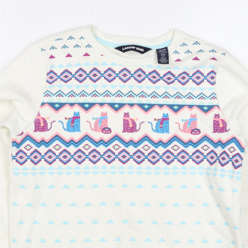 Lands' End Girls Ivory Cat Fair Isle Sweatshirt 10-11 Years Pullover
