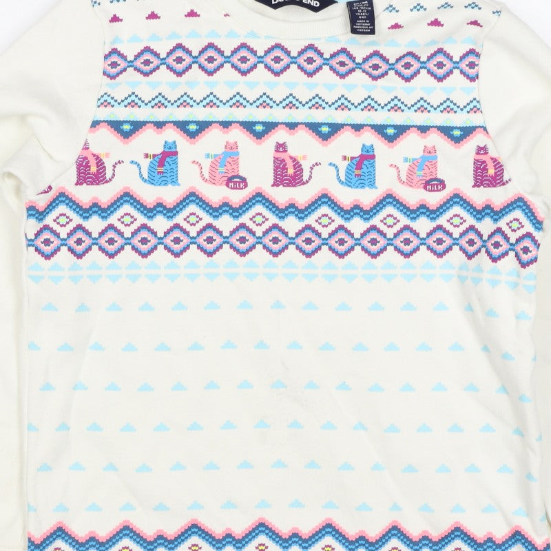 Lands' End Girls Ivory Cat Fair Isle Sweatshirt 10-11 Years Pullover