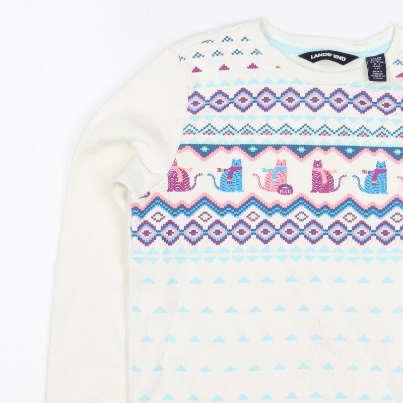 Lands' End Girls Ivory Cat Fair Isle Sweatshirt 10-11 Years Pullover