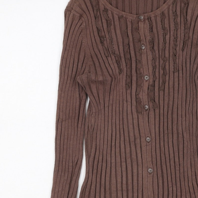 Principles Petite Women Brown UK 10 Ribbed Ruffle Button-Up Knit Top