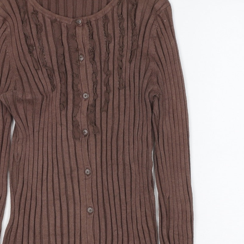 Principles Petite Women Brown UK 10 Ribbed Ruffle Button-Up Knit Top