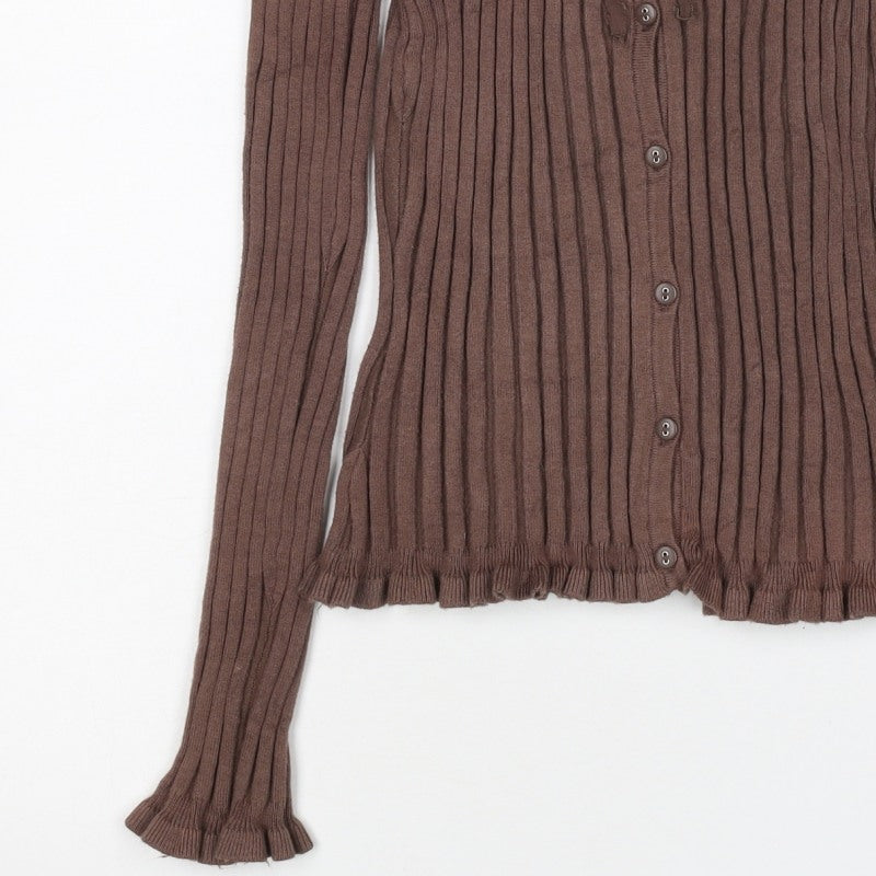 Principles Petite Women Brown UK 10 Ribbed Ruffle Button-Up Knit Top