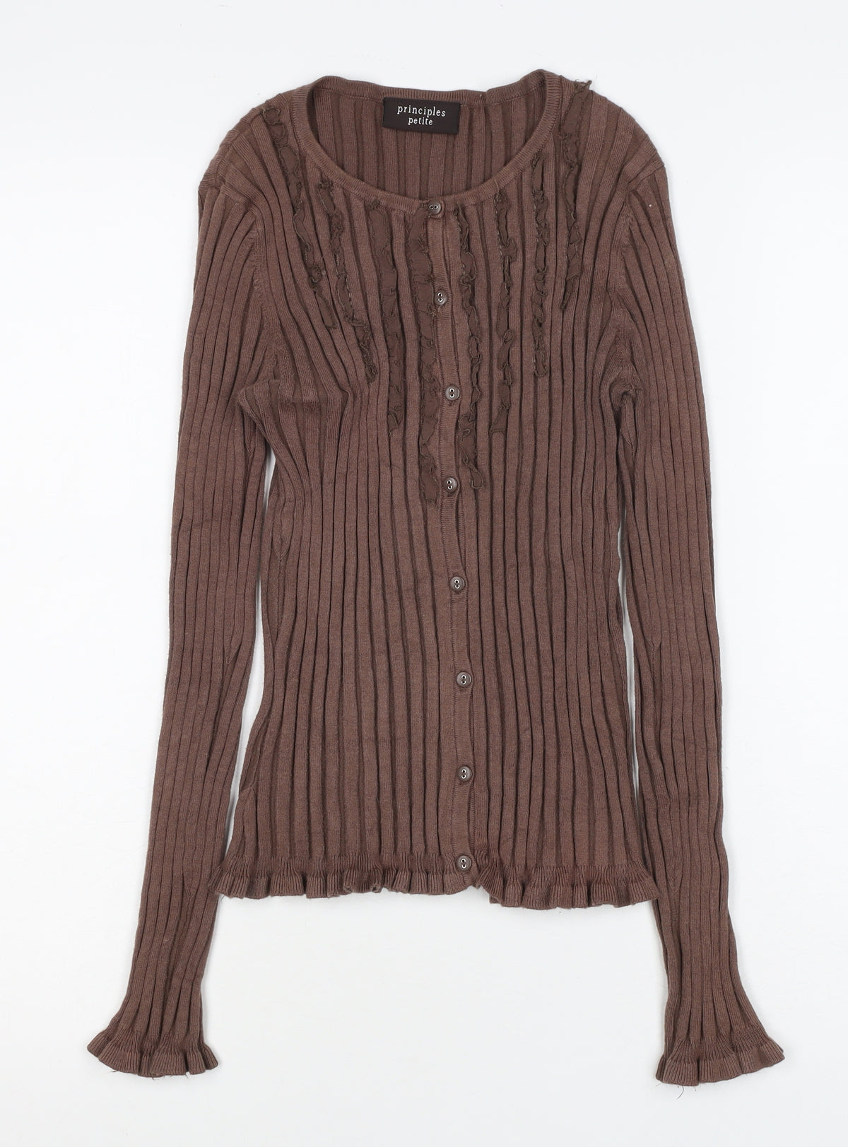 Principles Petite Women Brown UK 10 Ribbed Ruffle Button-Up Knit Top