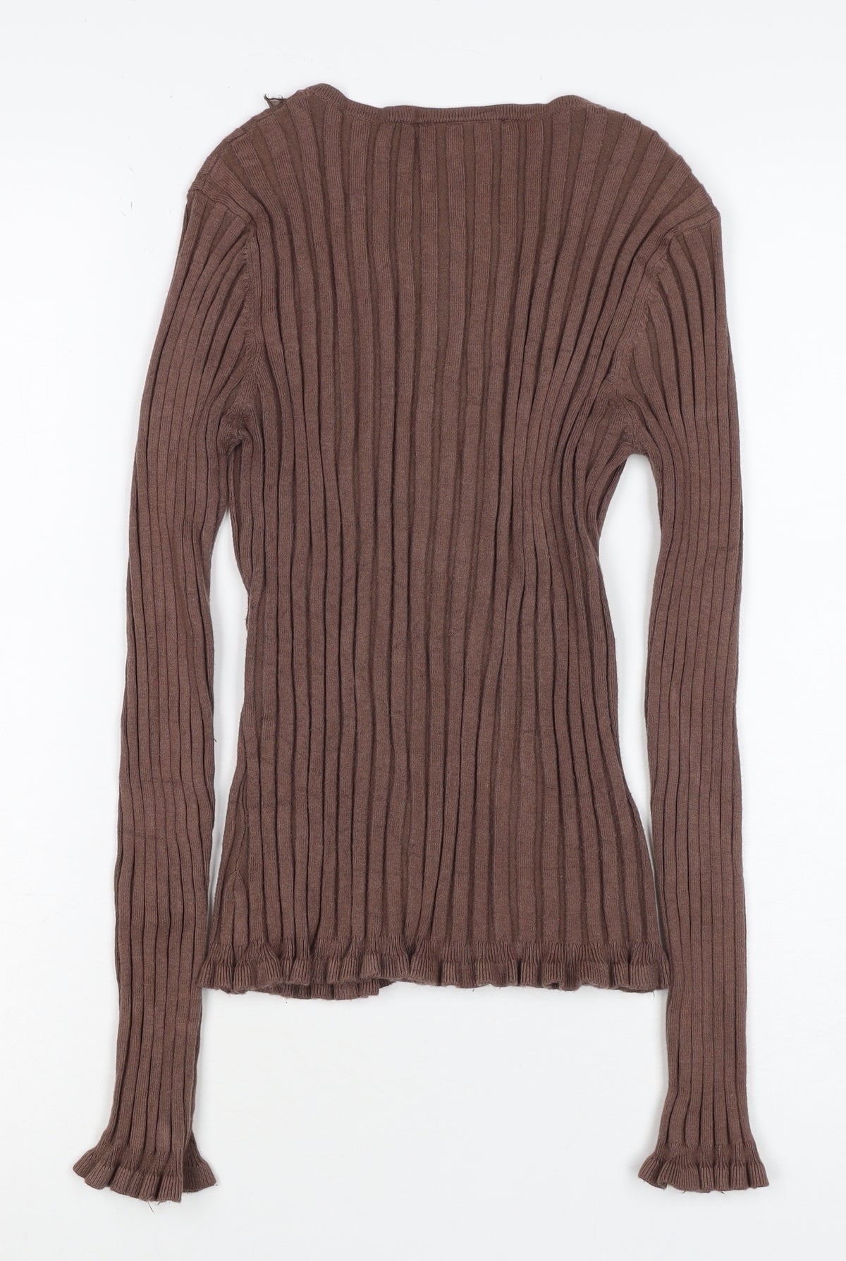 Principles Petite Women Brown UK 10 Ribbed Ruffle Button-Up Knit Top