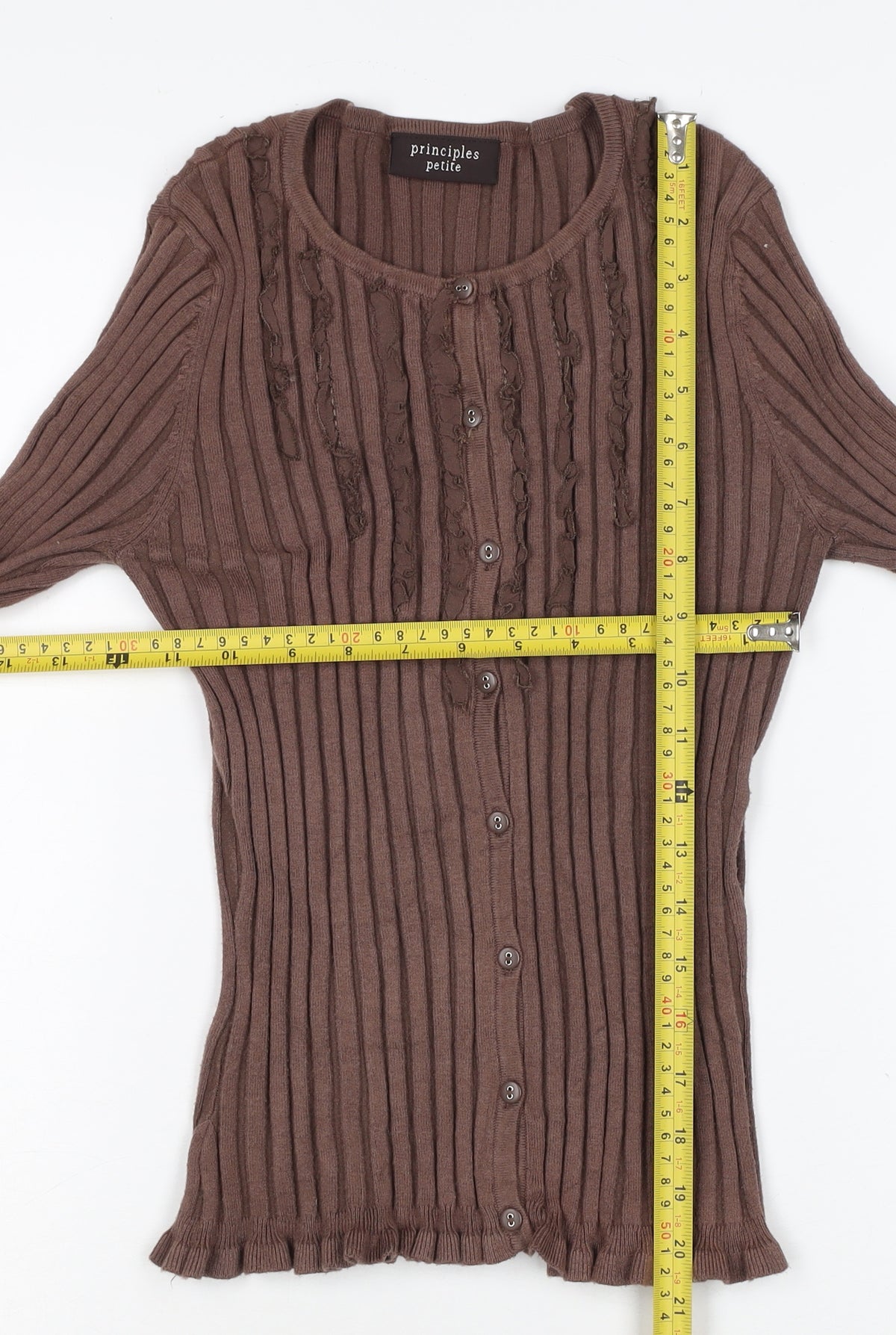 Principles Petite Women Brown UK 10 Ribbed Ruffle Button-Up Knit Top