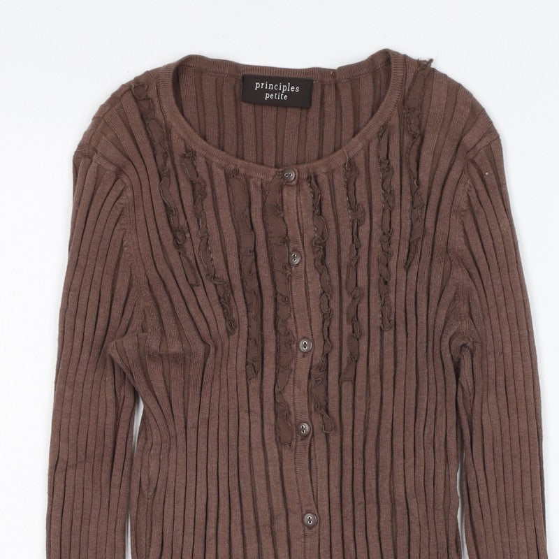 Principles Petite Women Brown UK 10 Ribbed Ruffle Button-Up Knit Top