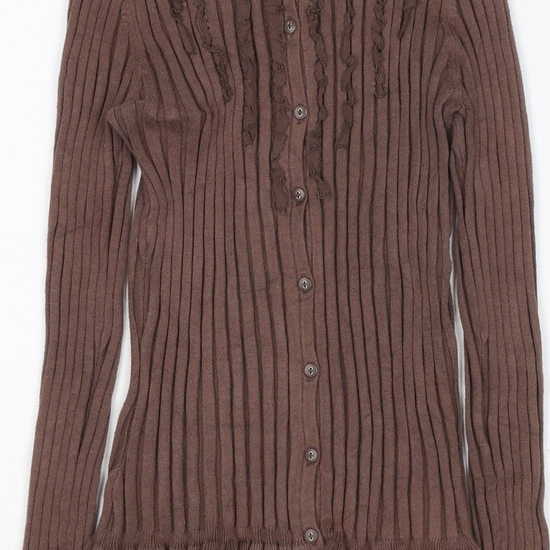 Principles Petite Women Brown UK 10 Ribbed Ruffle Button-Up Knit Top