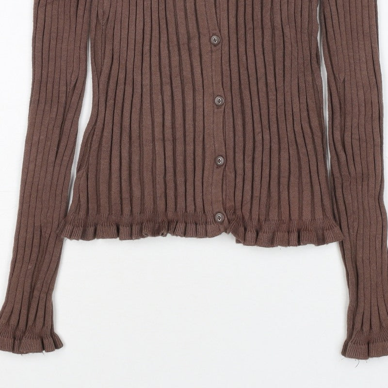 Principles Petite Women Brown UK 10 Ribbed Ruffle Button-Up Knit Top
