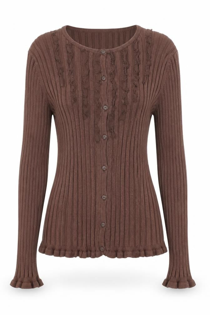 Principles Petite Women Brown UK 10 Ribbed Ruffle Button-Up Knit Top