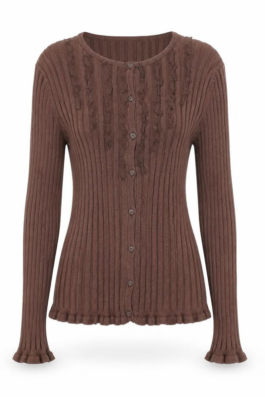 Principles Petite Women Brown UK 10 Ribbed Ruffle Button-Up Knit Top