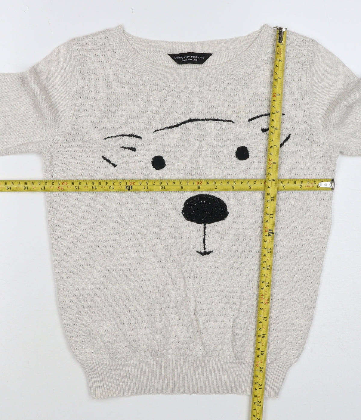 Dorothy Perkins Women Ivory Size 12 Dog Face Knit Pullover Jumper