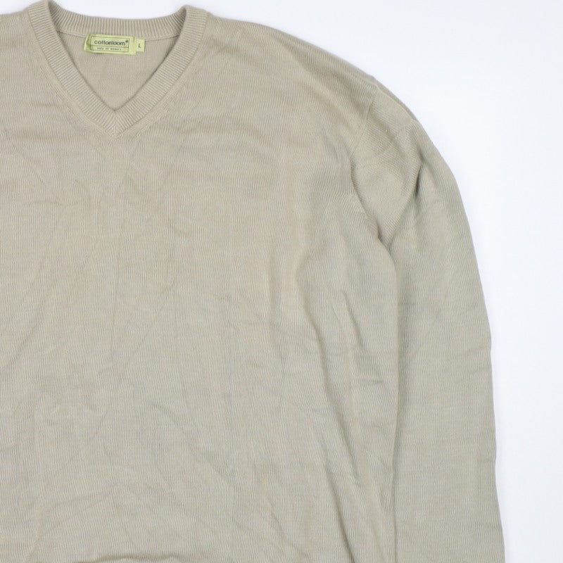 cottonloom Men’s Beige L V-Neck Cotton Knit Pullover Jumper