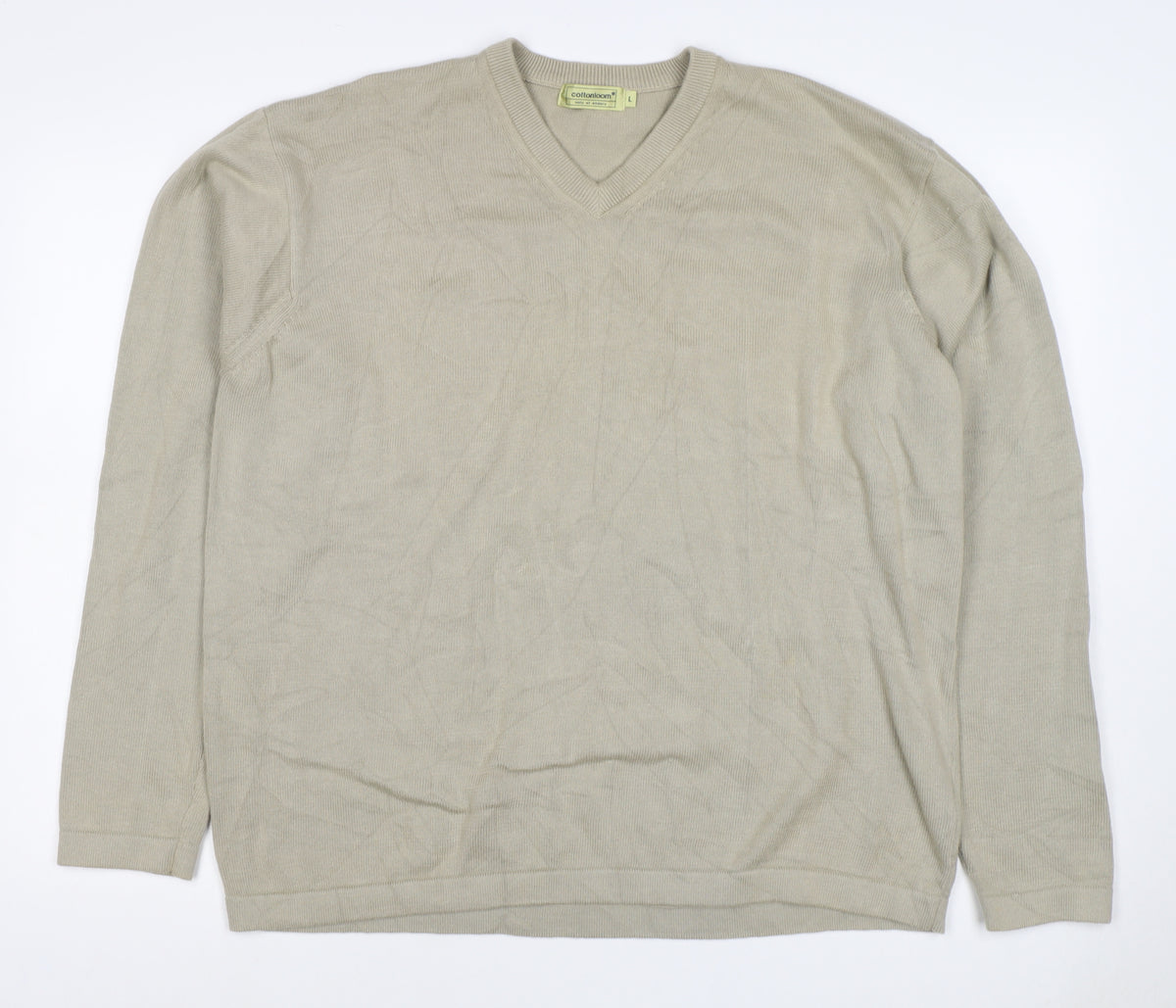 cottonloom Men’s Beige L V-Neck Cotton Knit Pullover Jumper