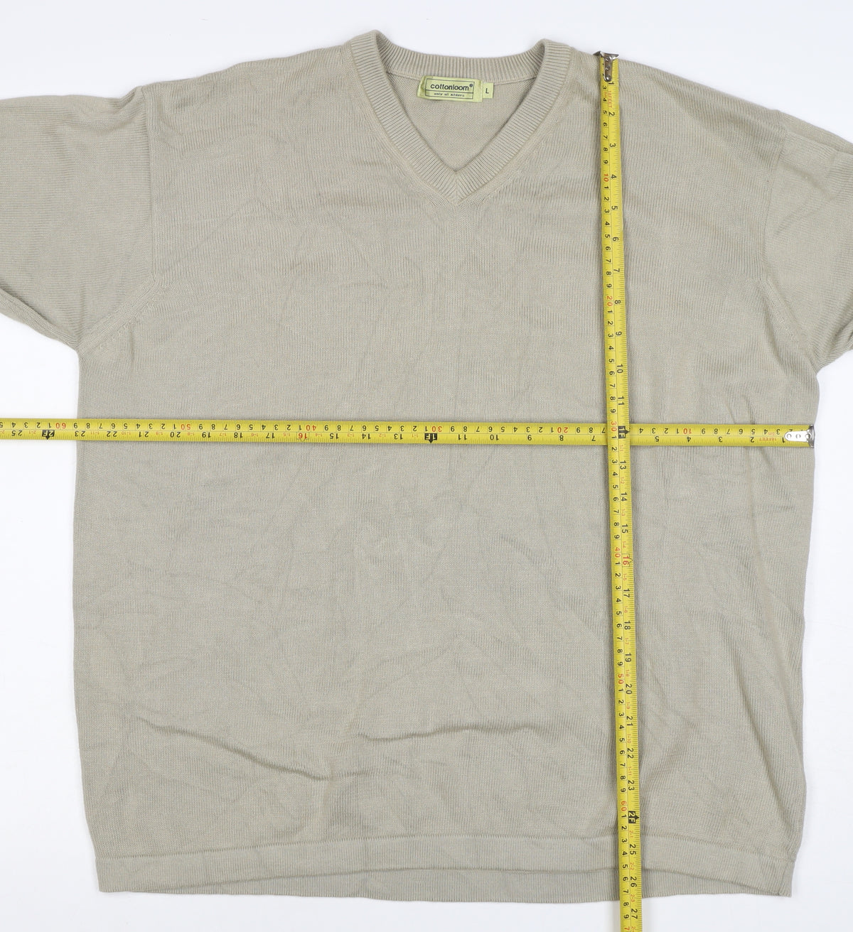 cottonloom Men’s Beige L V-Neck Cotton Knit Pullover Jumper